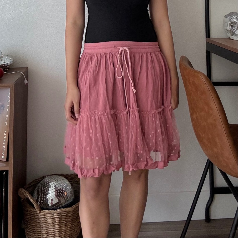 R.Vivimos Pink Tiered Polka Dot Mesh Ruffle Skirt Small Boho Cottagecore